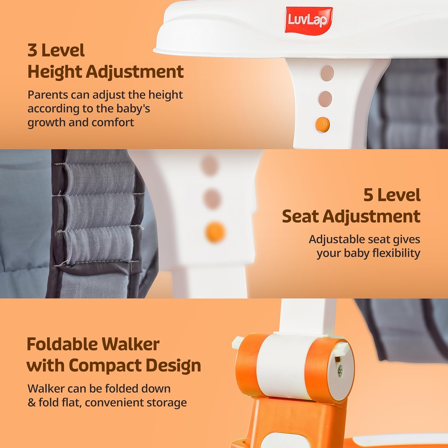 LuvLap 360° Joy orange and white baby walker for infants 9+ months, featuring a gray padded seat and interactive toys. www.usmile.toys
